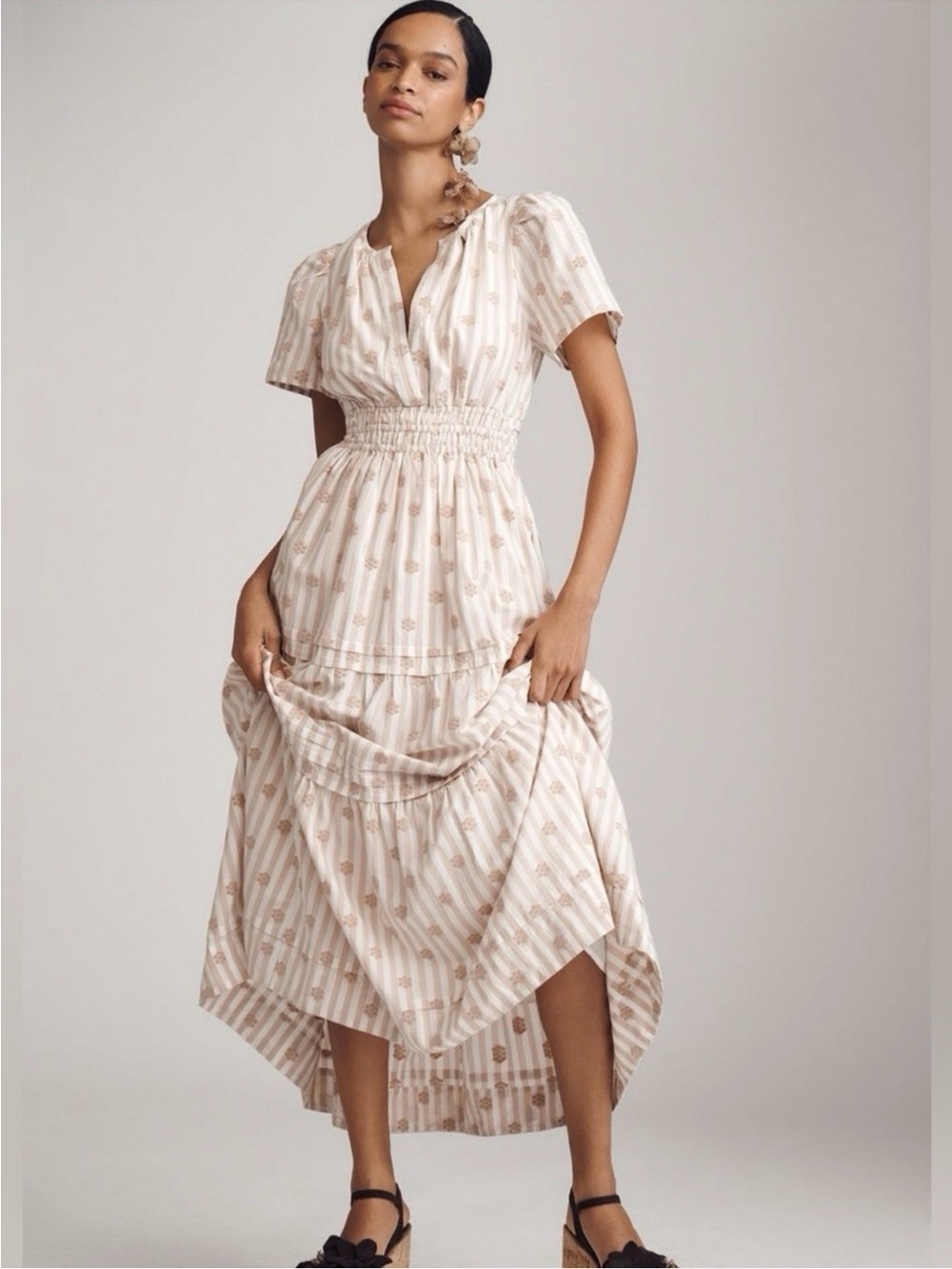 Anthropologie Somerset Cream and Tan Striped Embroidered Floral Maxi Dress NWT S